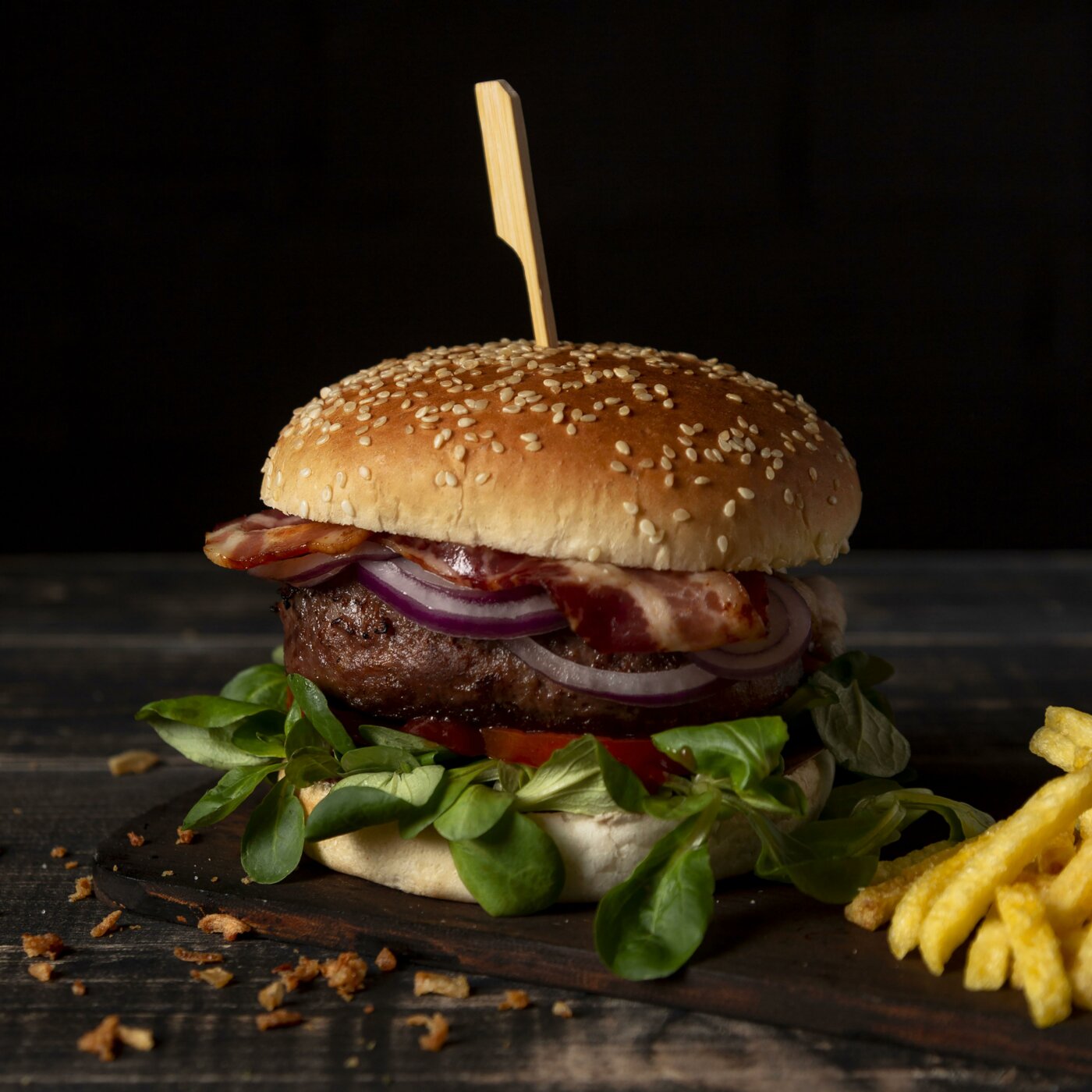 high angle burger with fries table